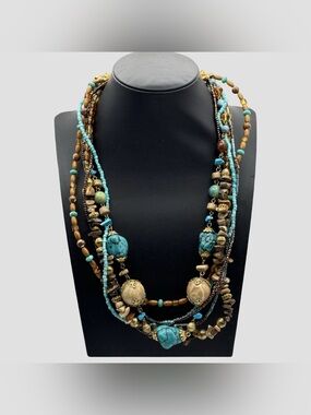 Vintage EsMor Necklace Multi-Strand Turquoise Wood Gold Tone Beaded Bib